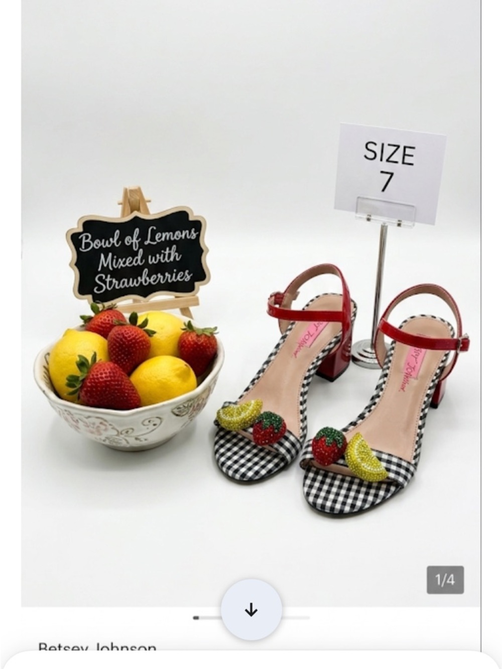 Betsey Johnson Red Patent Black & White Gingham Fruit Appliqué Sandals